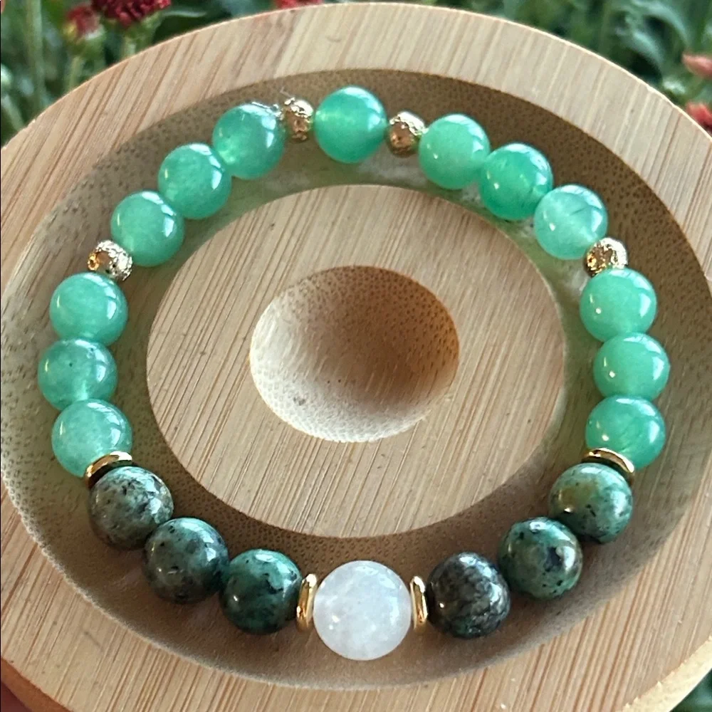 Handmade Green Aventurine + African Turquoise Jasper +Moonstone Beaded Bracelet*